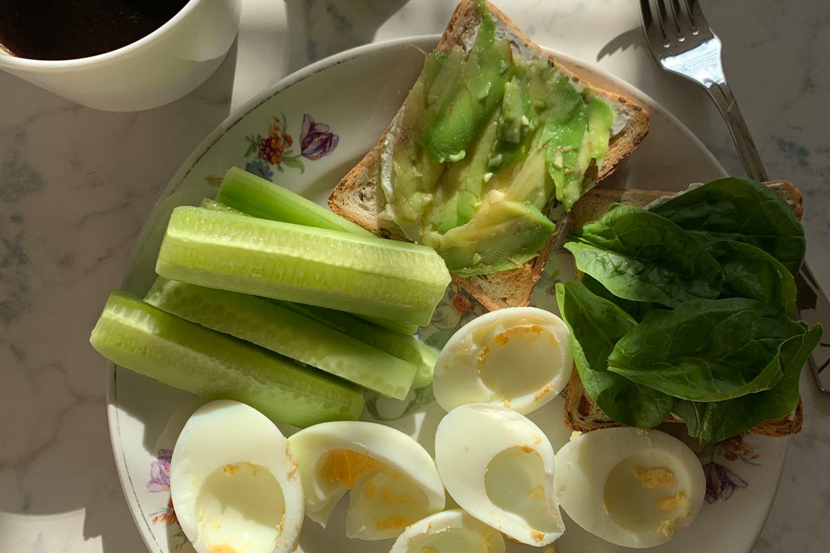 boiled eggs, fruits, and vegetables